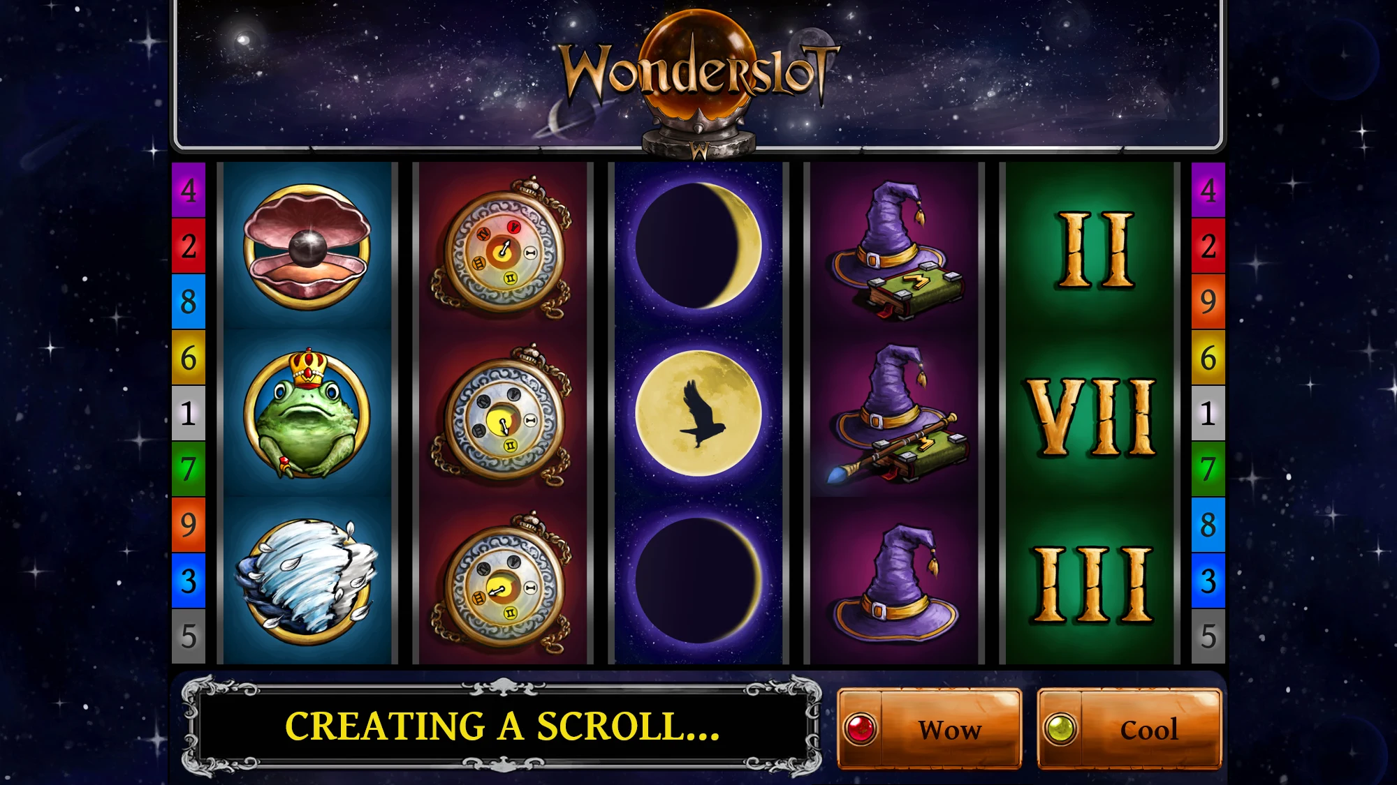 Wonderslot game screen showing scroll creation on magical reels